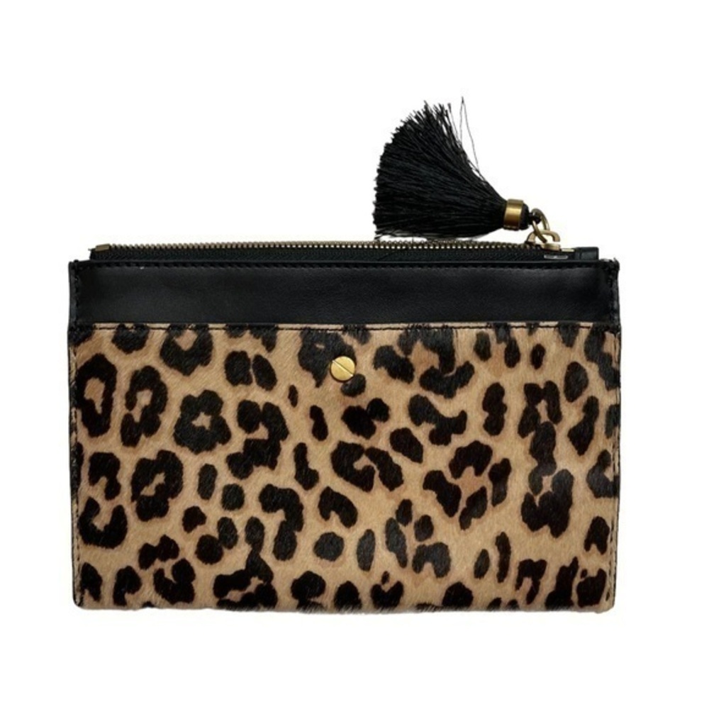 J crew leopard print and leather clutch tassel bag